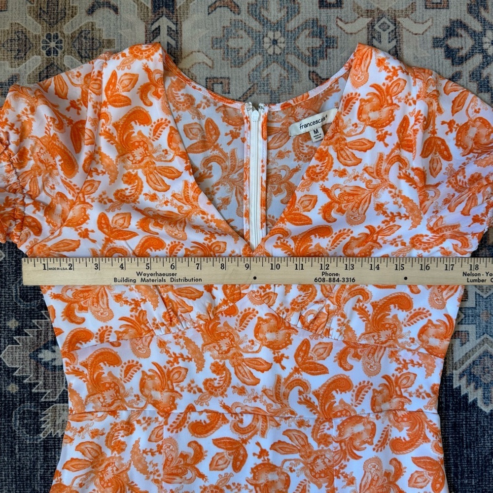 Francesca's Naomi V Neck Orange & White Paisley Mini Dress Women’s Size Medium - Picture 12 of 13